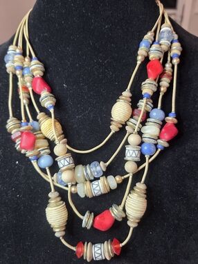 Chico's Multi-Strand Necklace with Red, Blue and Natural Beads